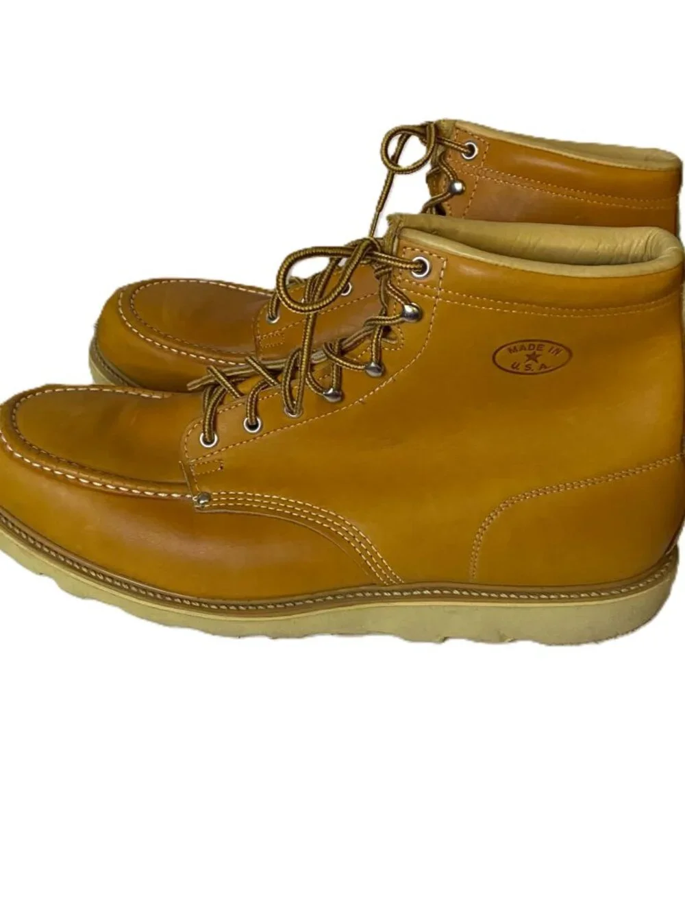 Vintage USA Made Moc Toe Work Boots Men's Size 16 D Tan Leather Wedge Sole